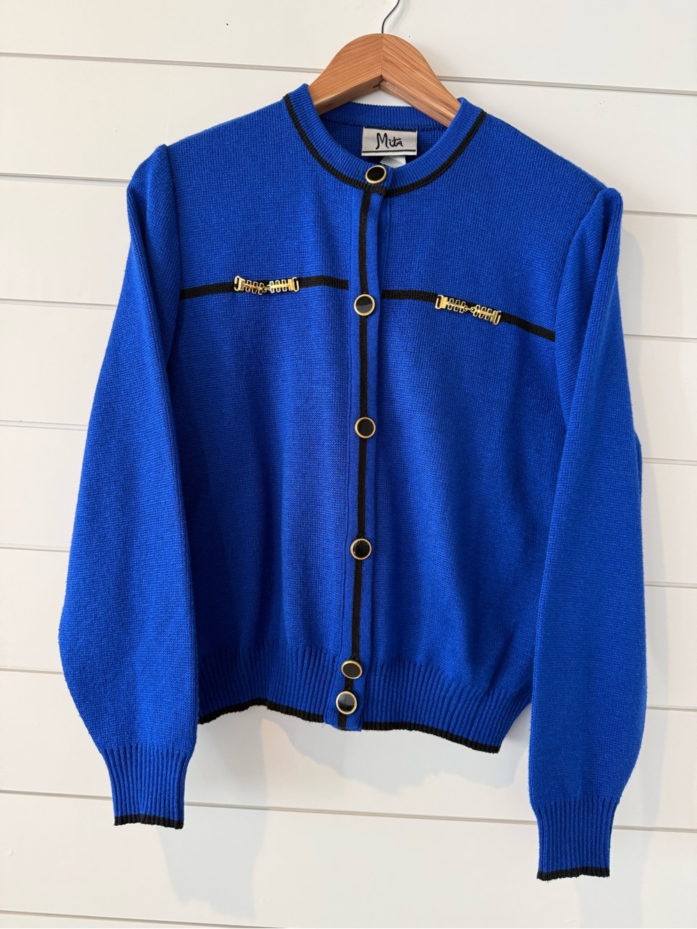 Mita Cobalt Blue Knit Cardigan with Black & Gold Trim
